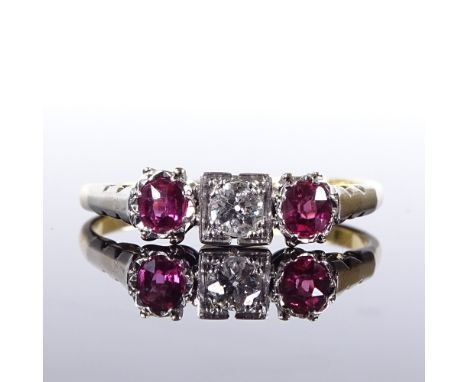 An Art Deco 18ct gold 3-stone ruby and diamond ring, total diamond content approx 0.1ct, by Parson's, setting height 4.6mm, s