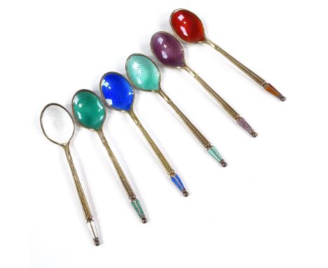 A set of 6 Anton Michelsen Danish vermeil sterling silver and harlequin enamel coffee spoons, with enamel bowls and backs, le