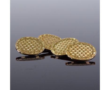 A pair of 9ct gold oval panel cufflinks, engine turned and engraved decoration, maker's marks WR, hallmarks Birmingham 1900, 