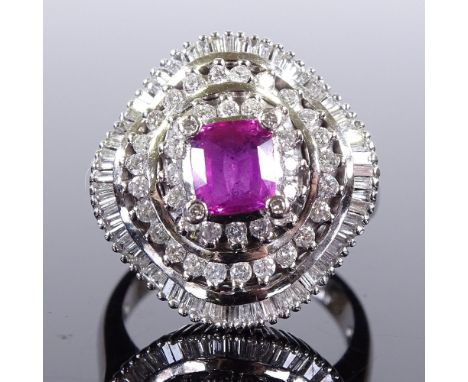 A large 14ct white gold ruby and diamond cluster cocktail ring, total diamond content approx 1.5ct, setting height 21.7mm, si