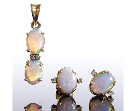 An 18ct gold cabochon opal and diamond pendant and earring set, pendant height excluding bale 18.4mm, stud fitted earring, 3.