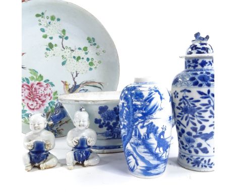 A group of Chinese porcelain items, including a peacock design enamel painted bowl, diameter 36cm, and a hand painted blue an