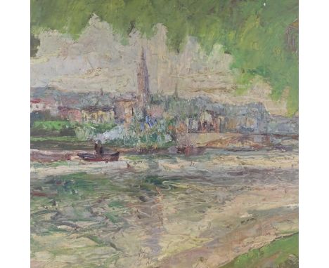 Auguste Apelle, oil on canvas, impressionist Continental river scene, signed, 29" x 36", unframedOne small canvas patch repai