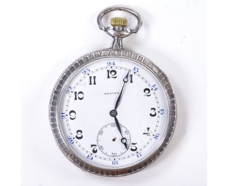 ZENITH - a Continental silver-cased open-face top-wind pocket watch, white enamel dial with Deco Arabic numerals, subsidiary 