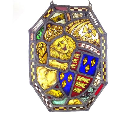 A 19th century stained glass leadlight panel with heraldic lion design, 46cm x 34cm 