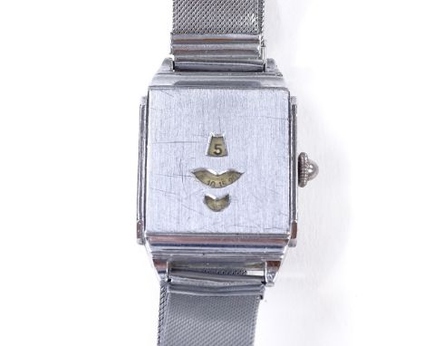 A Vintage stainless steel-cased Jump Hour mechanical wristwatch, 3 Arabic numeral apertures with stepped case and steel mesh 