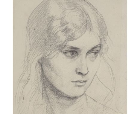 Pre-Raphaelite School, pencil drawing, portrait of a girl, signed with monogram, 14" x 10", framedVery slight paper discolour