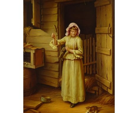 Rene Devillario (1874 - 1942), oil on wood panel, woman and kitten beside a barn door, signed, 15.5" x 11.5", framedVery good