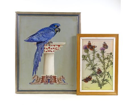 R Kenyon, oil on canvas, parrot, 1990, 20" x 15.5", and oil on board, butterflies and thistles, 1976, 14" x 8.5", framed (2)G