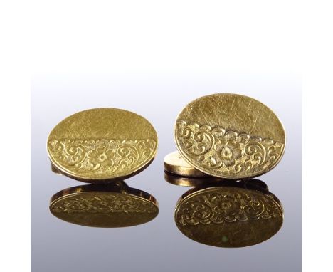 A pair of Victorian 18ct gold oval panel cufflinks, half-engraved floral decoration, indistinct maker's marks, hallmarks Ches