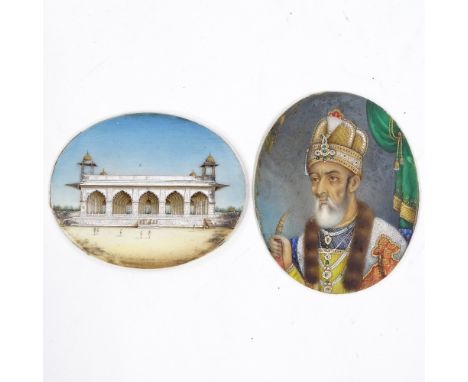 19th century Indian School, 2 miniature paintings on ivory, portrait of a man possibly Ranjit Singh, and figures near a palac