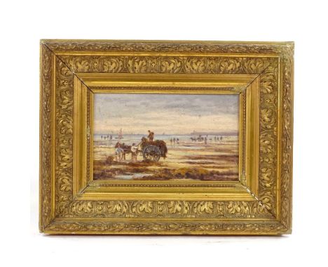 French School circa 1900, oil on wood panel, seaweed gatherers, unsigned, titled verso, 5.5" x 8.5", framedVery good conditio