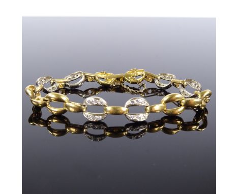 An unmarked gold diamond set oval gatelink panel bracelet, bracelet length 16cm, 19.2gVery good original condition, no broken