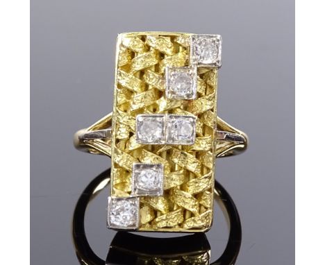 An 18ct gold modernist abstract diamond panel ring, total diamond content approx 0.3ct, platinum-topped woven gold panel with