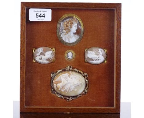 2 frames of Grand Tour cameos, in yellow metal scrolled frames, mostly shell carvings with 1 agate hardstone carving, depicti