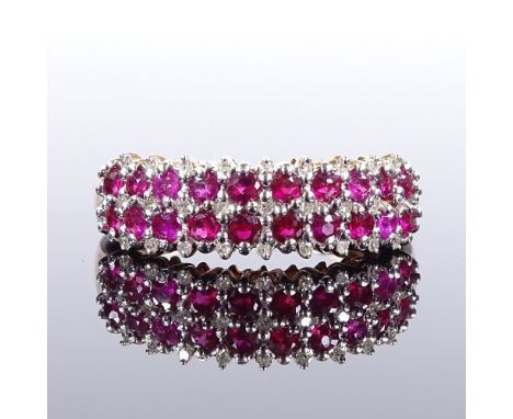 A 9ct gold ruby and diamond cluster half-hoop ring, setting height 6.6mm, size P, 3.6gVery good original condition, all stone