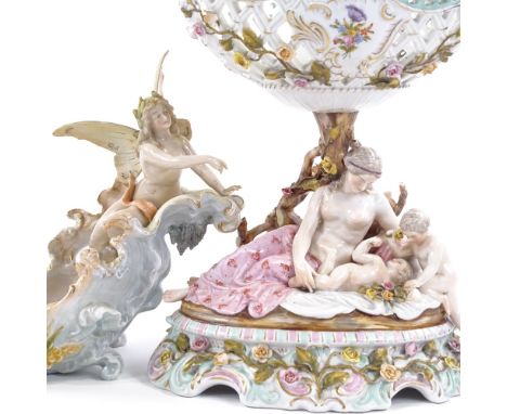 A French porcelain table centre basket supported by Classical figures, circa 1900, height 28cm, and a German porcelain table 