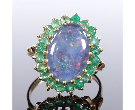 A 9ct gold black opal triplet and emerald cluster dress ring, setting height 19.8mm, size R, 3.8gVery good overall condition,