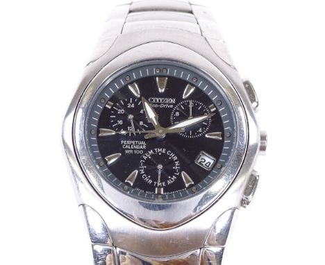 CITIZEN - a stainless steel Eco-drive WR100 perpetual calendar quartz chronograph wristwatch, ref. E810-H27074, black dial wi