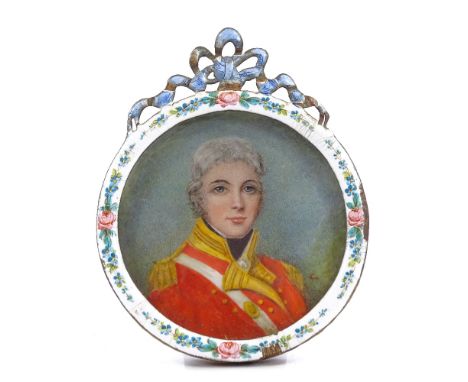 A 19th century miniature watercolour portrait of a military gentleman, in enamel frame, height 9.5cm 
