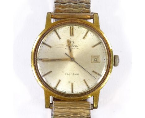 OMEGA - a Vintage gold plated stainless steel Geneve automatic wristwatch, silvered dial with gilt baton hour markers and dat