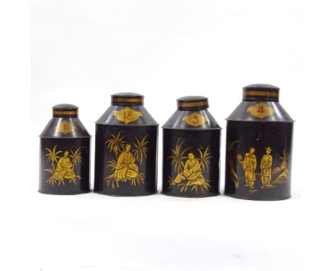 A set of 4 19th century graduated painted metal tea canisters, with painted gilded Oriental figures, largest height 29cm 