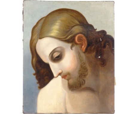 18th/19th century oil on canvas, study of Christ, 22.5" x 18", unframed2 small holes near the right-hand edge, light craquelu