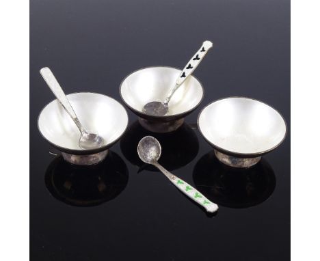 3 Volmer Bahner Danish vermeil sterling silver and white enamel salt bowls, and 3 unrelated silver and enamel spoons, bowl di