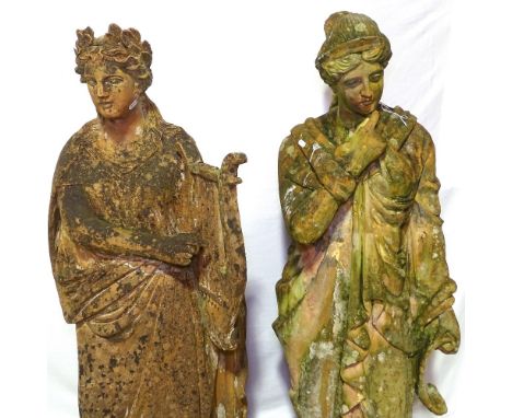 A pair of terracotta Classical garden figures, height 142cm, one with square pedestal, height 50cm 