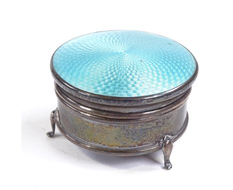 An Art Deco silver and turquoise enamel jewel box, engine turned hinged lid with velvet interior, by Henry Clifford Davis, ha