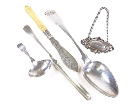 Various silver, including long marrow scoop, tablespoon, Georgian caddy spoon etc, 3oz weighable (5)All seem to be in good ov