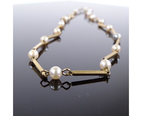 A Vintage 9ct gold bar link and pearl spacer necklace, necklace length 50cm, 14.7gVery good original condition, no broken lin