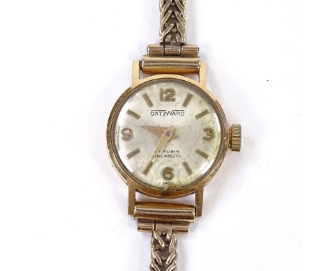 DATZWARD - a lady's Vintage 18ct gold Incabloc mechanical wristwatch, silvered dial with quarterly Arabic numerals, on 9ct fo