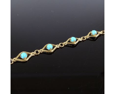 A 9ct gold cabochon turquoise panel bracelet, openwork eye style settings, bracelet length 18cm, 7.6gVery good original condi