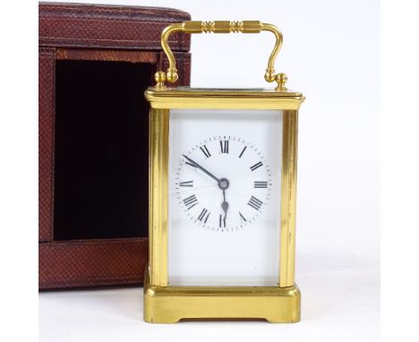 French brass-cased carriage clock, 8-day movement, case height 11cm with leather travelling case and key 