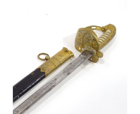 A Royal Navy Officer's dress sword by Peter Hurst of Cardiff, etched blade with ER cypher, brass hilt with shagreen grips and