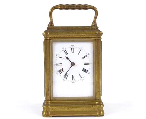 19th century French brass-cased carriage clock with moulded case and 8-day movement striking on a gong, case height 12cm 
