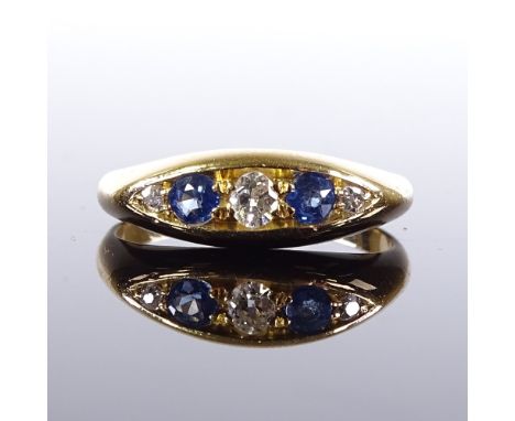 An 18ct gold 5-stone sapphire and diamond half-hoop ring, maker's marks HWD, hallmarks Birmingham 1913, setting height 5.7mm,