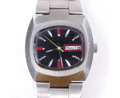 INGERSOLL - a Vintage stainless steel Ronda-matic automatic wristwatch, ref. 8859, black dial with baton hour markers, day/da