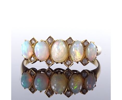 An 18ct gold opal and rose-cut diamond half hoop ring, maker's marks JGG, setting height 6.5mm, size M, 1.6gVery good origina