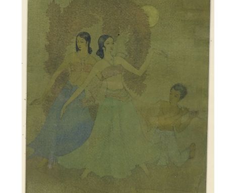 Sudhansu Sekhar Choudhury, watercolour, dancing figures with boy playing a pipe, circa 1930, 13.5" x 9.5", framed, provenance