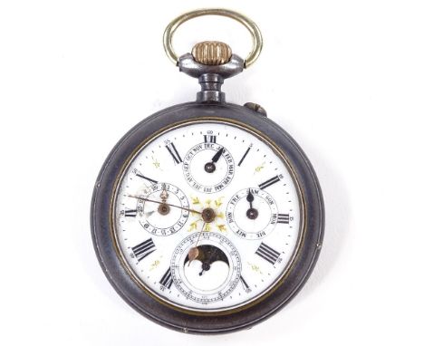 A Vintage gun metal-cased open-face top-wind full calendar pocket watch, white enamel dial with Roman numeral hour markers, 3