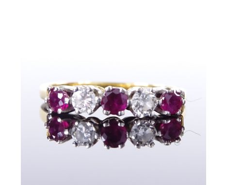 An 18ct gold 5-stone ruby and diamond half-hoop ring, total diamond content approx 0.12ct, maker's marks HAE, hallmarks Londo