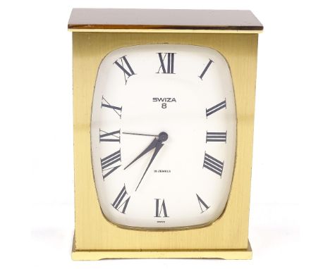 Swiza 8, retro brass-cased mantel clock with 15 jewel movement and alarm, working order, height 13cm 