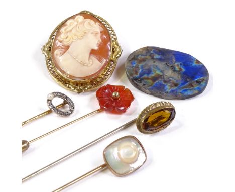 Various stone set stick pins, gilt-metal framed cameo, and a polished shard of spectrolite (6)All in good overall condition, 