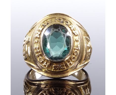 An American 10ct gold New Dorp High School stone set college graduation ring, dated 1966, setting height 18mm, size K, 8.3gVe