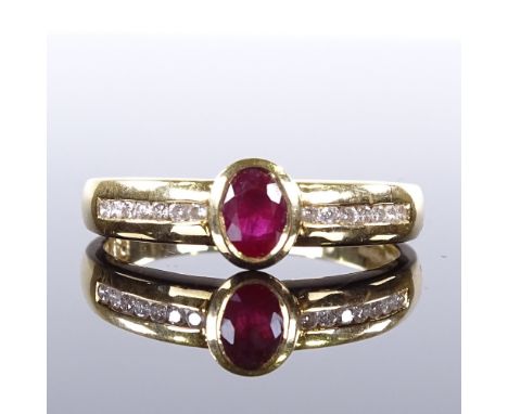 An 18ct gold ruby and diamond band ring, channel set diamond shoulders, setting height 6.2mm, size N, 3.4gVery good original 