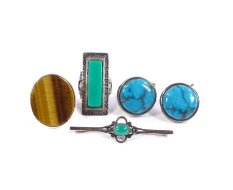Various Scandinavian modernist jewellery, including a Niels Erik From Danish sterling silver Tiger's Eye panel ring, a Hugo G