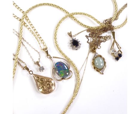 Various 9ct gold jewellery, including foxtail link necklace, opal triplet pendant, sapphire and diamond pendant etc, 18.6g to