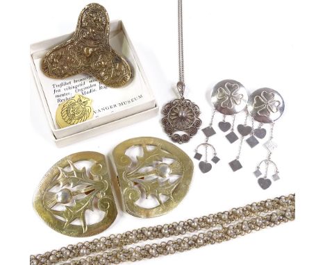 Various silver and gilt-metal jewellery, including Norwegian pearl bracelet, thistle cloak clips, etc, bracelet length 20cm, 
